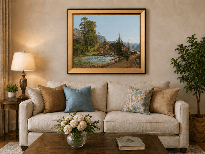 Peinture à l'huile de paysage - Gouffre rocheux spectaculaire avec personnages