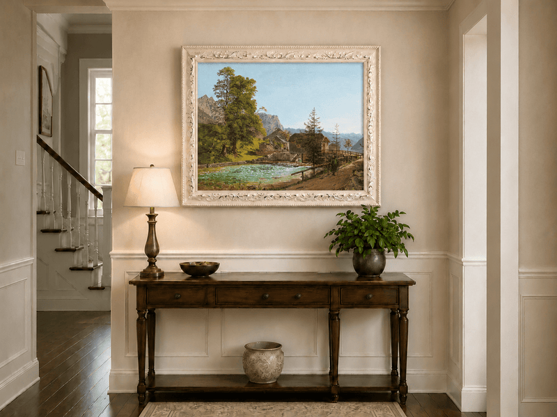 Peinture à l'huile de paysage - Gouffre rocheux spectaculaire avec personnages