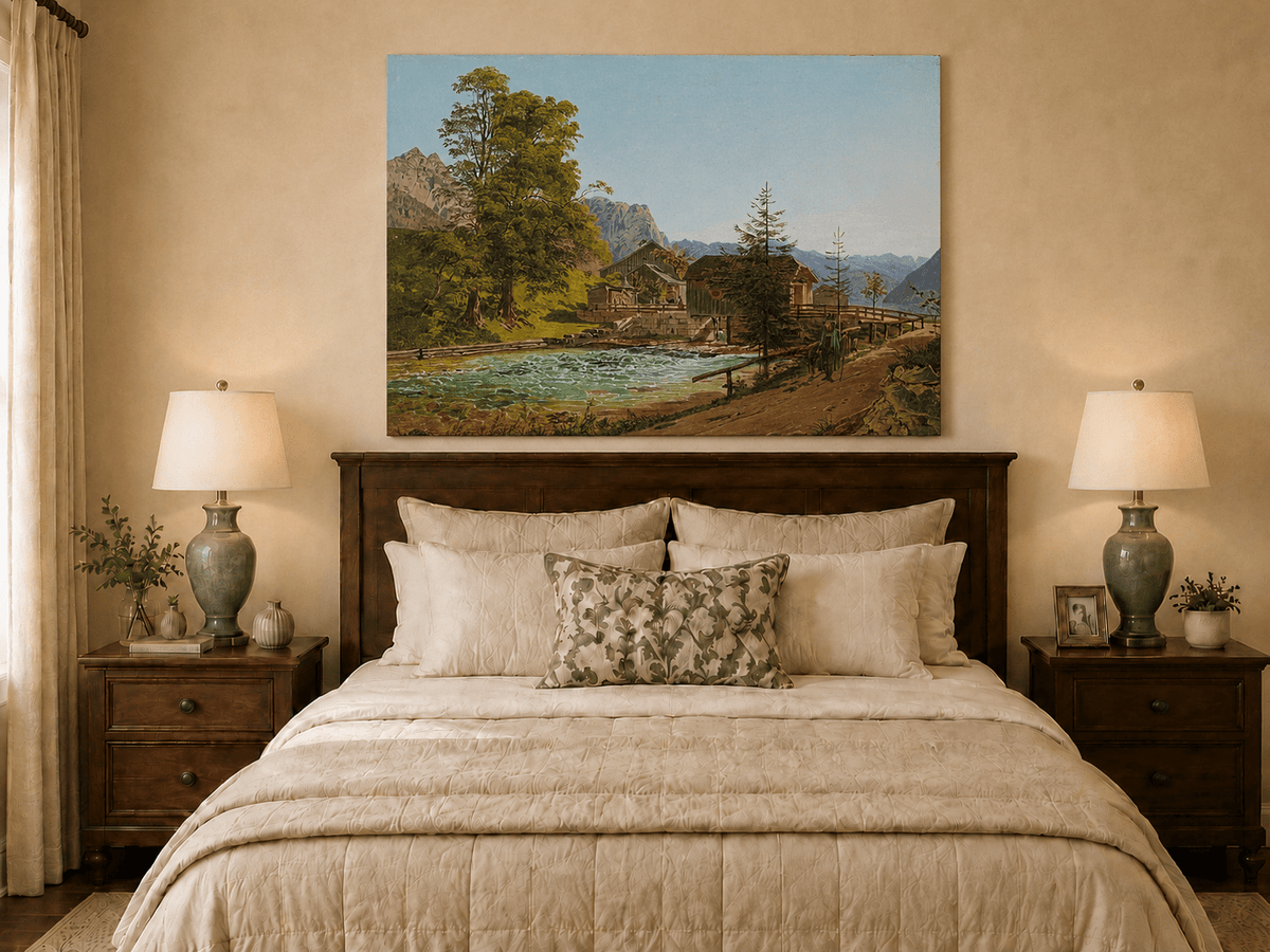 Peinture à l'huile de paysage - Gouffre rocheux spectaculaire avec personnages