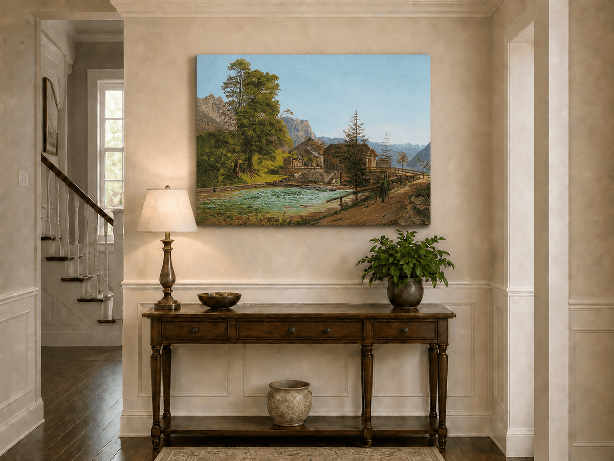 Peinture à l'huile de paysage - Gouffre rocheux spectaculaire avec personnages