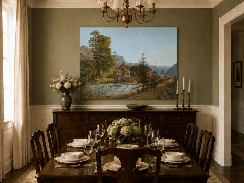 Peinture à l'huile de paysage - Gouffre rocheux spectaculaire avec personnages