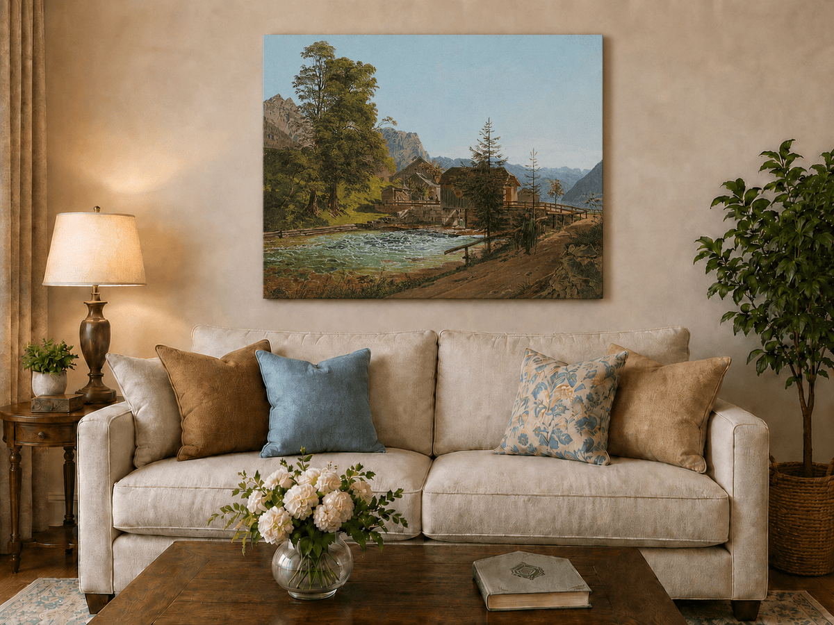 Peinture à l'huile de paysage - Gouffre rocheux spectaculaire avec personnages