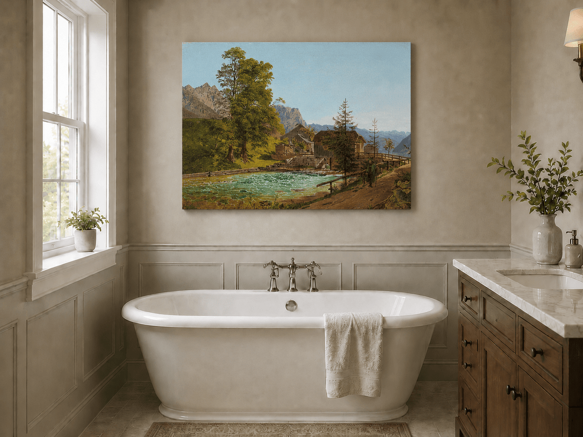 Peinture à l'huile de paysage - Gouffre rocheux spectaculaire avec personnages