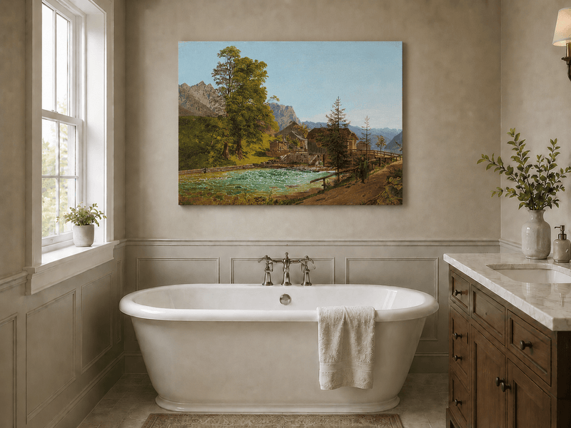 Peinture à l'huile de paysage - Gouffre rocheux spectaculaire avec personnages