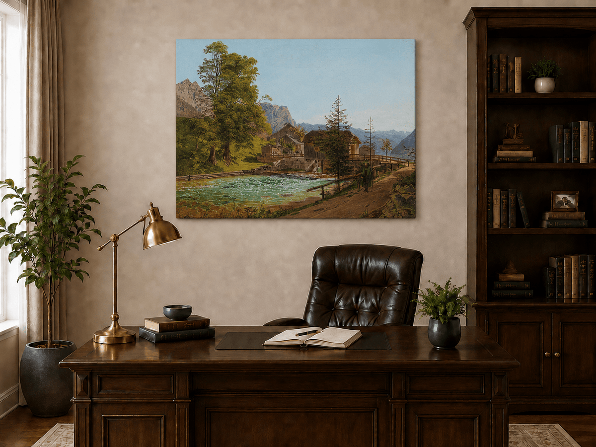 Peinture à l'huile de paysage - Gouffre rocheux spectaculaire avec personnages