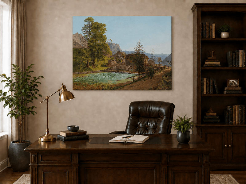 Peinture à l'huile de paysage - Gouffre rocheux spectaculaire avec personnages