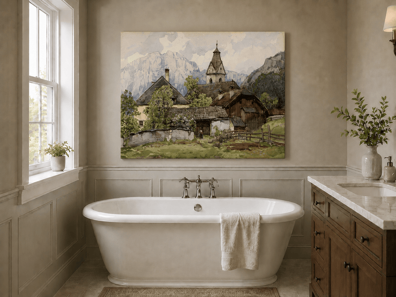 Peinture à l'huile de paysage - Gouffre rocheux spectaculaire avec personnages