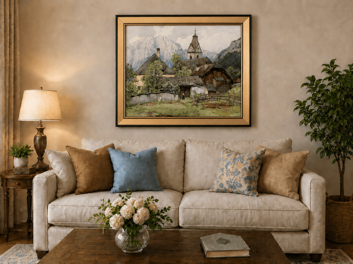 Peinture à l'huile de paysage - Gouffre rocheux spectaculaire avec personnages