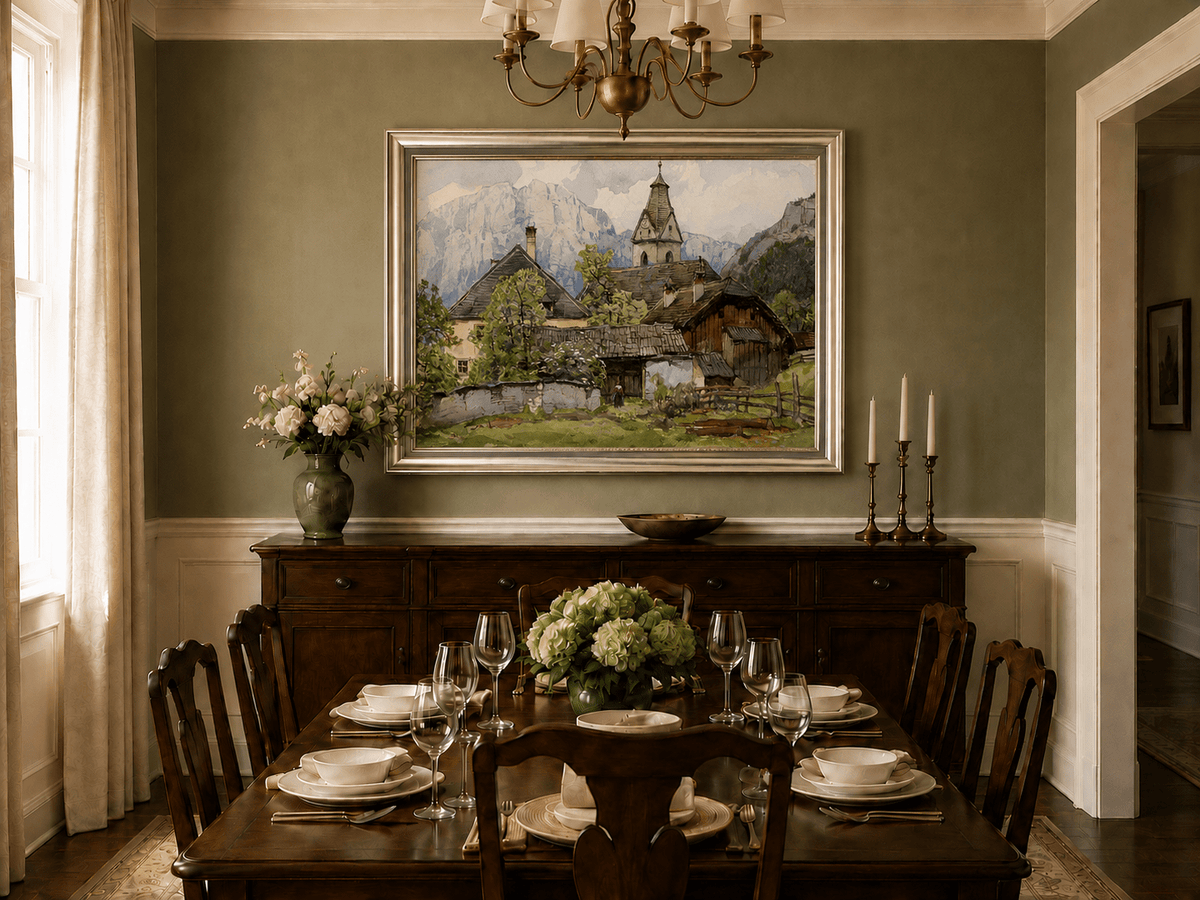 Peinture à l'huile de paysage - Gouffre rocheux spectaculaire avec personnages