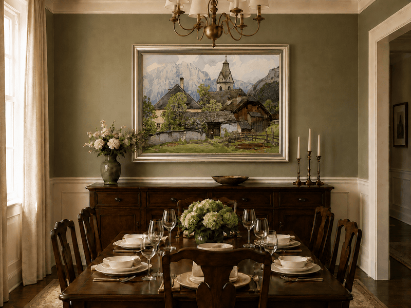 Peinture à l'huile de paysage - Gouffre rocheux spectaculaire avec personnages