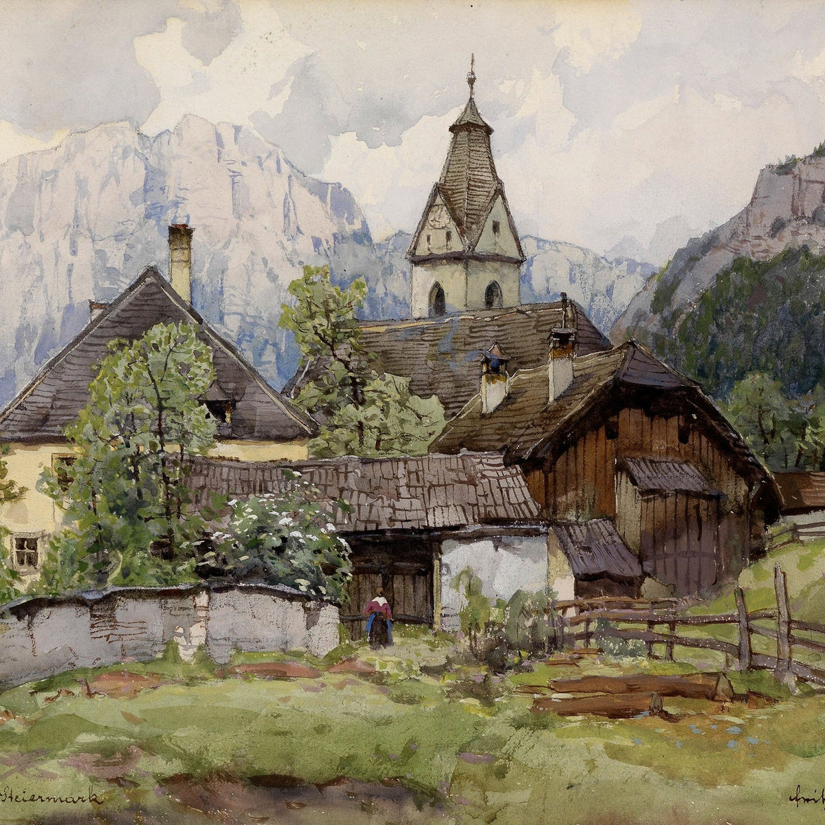 Hand-painted alpine village church and mountain homes landscape oil painting on canvas