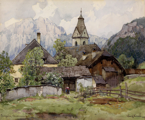 Hand-painted alpine village church and mountain homes landscape oil painting on canvas