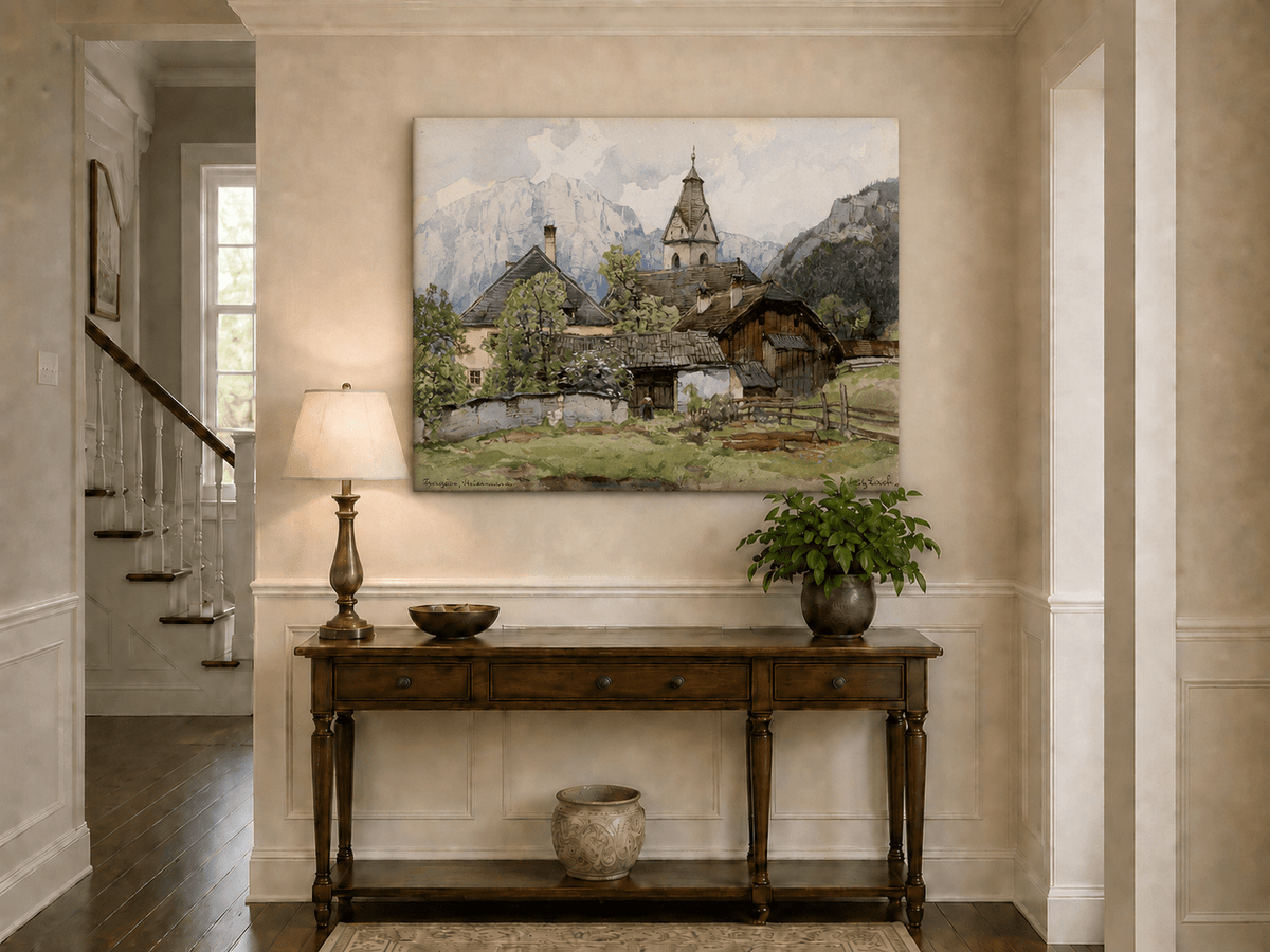Peinture à l'huile de paysage - Gouffre rocheux spectaculaire avec personnages