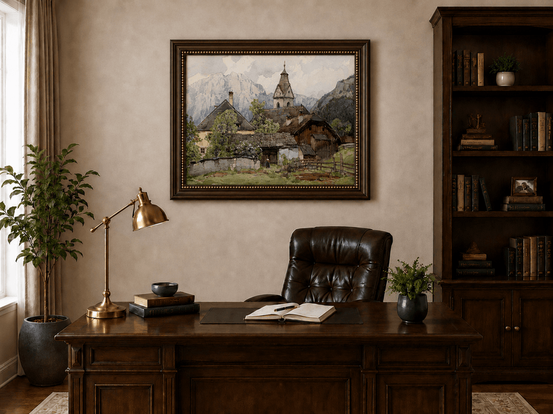 Peinture à l'huile de paysage - Gouffre rocheux spectaculaire avec personnages