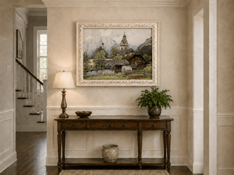 Peinture à l'huile de paysage - Gouffre rocheux spectaculaire avec personnages