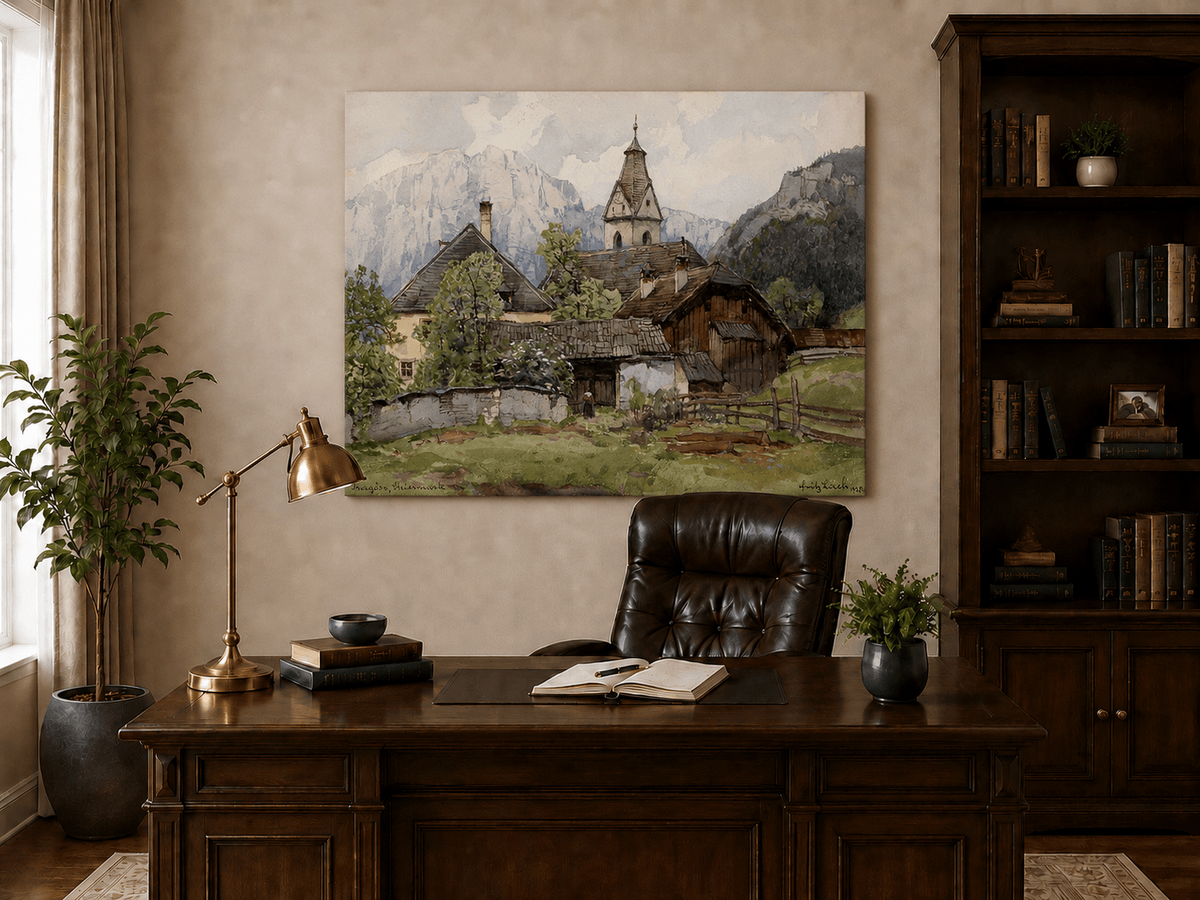 Peinture à l'huile de paysage - Gouffre rocheux spectaculaire avec personnages