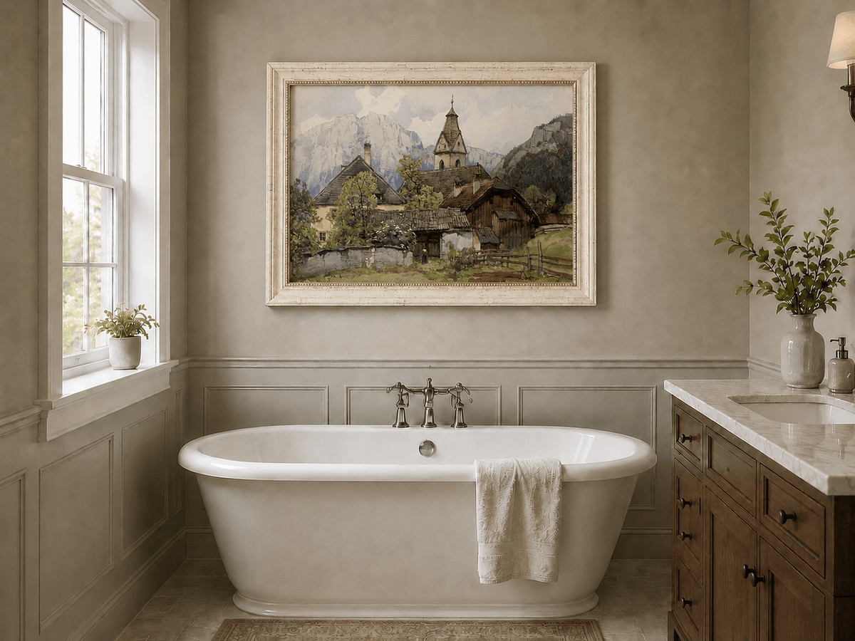 Peinture à l'huile de paysage - Gouffre rocheux spectaculaire avec personnages