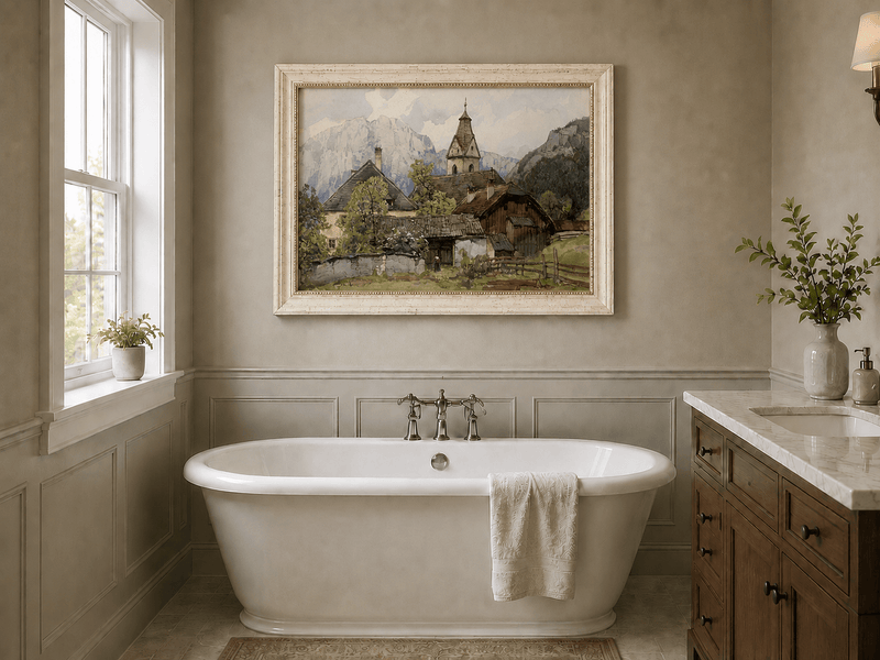 Peinture à l'huile de paysage - Gouffre rocheux spectaculaire avec personnages