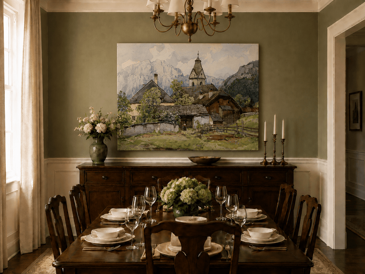 Peinture à l'huile de paysage - Gouffre rocheux spectaculaire avec personnages