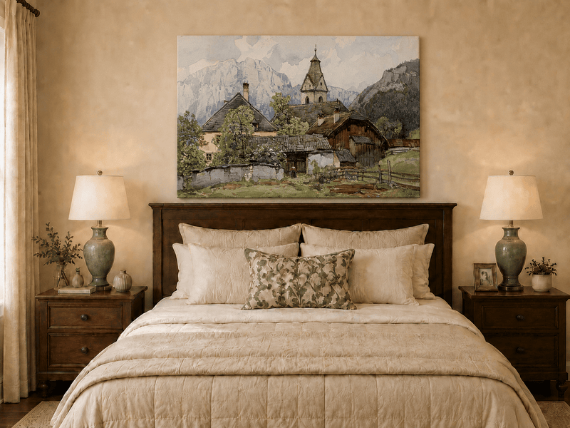 Peinture à l'huile de paysage - Gouffre rocheux spectaculaire avec personnages