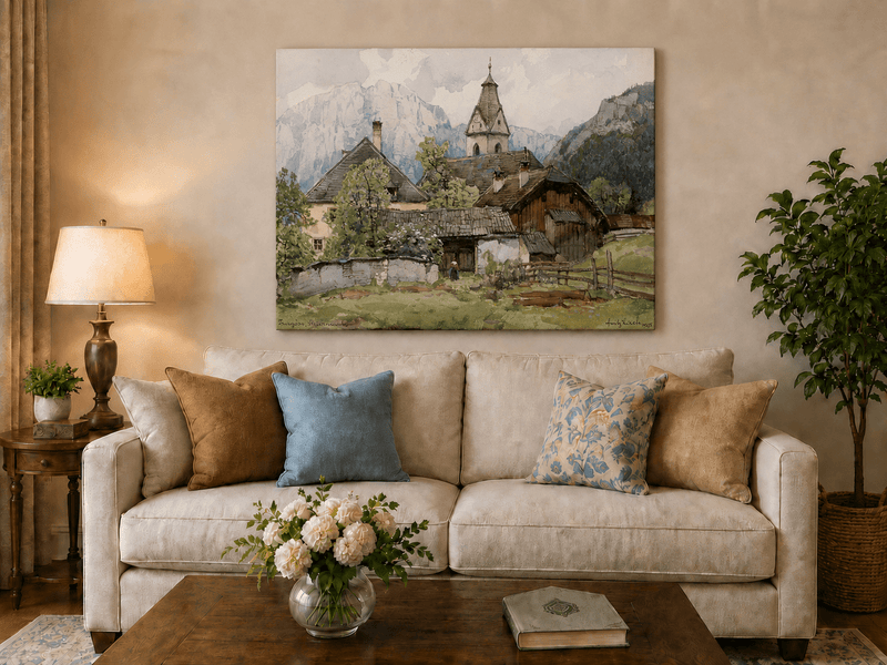 Peinture à l'huile de paysage - Gouffre rocheux spectaculaire avec personnages