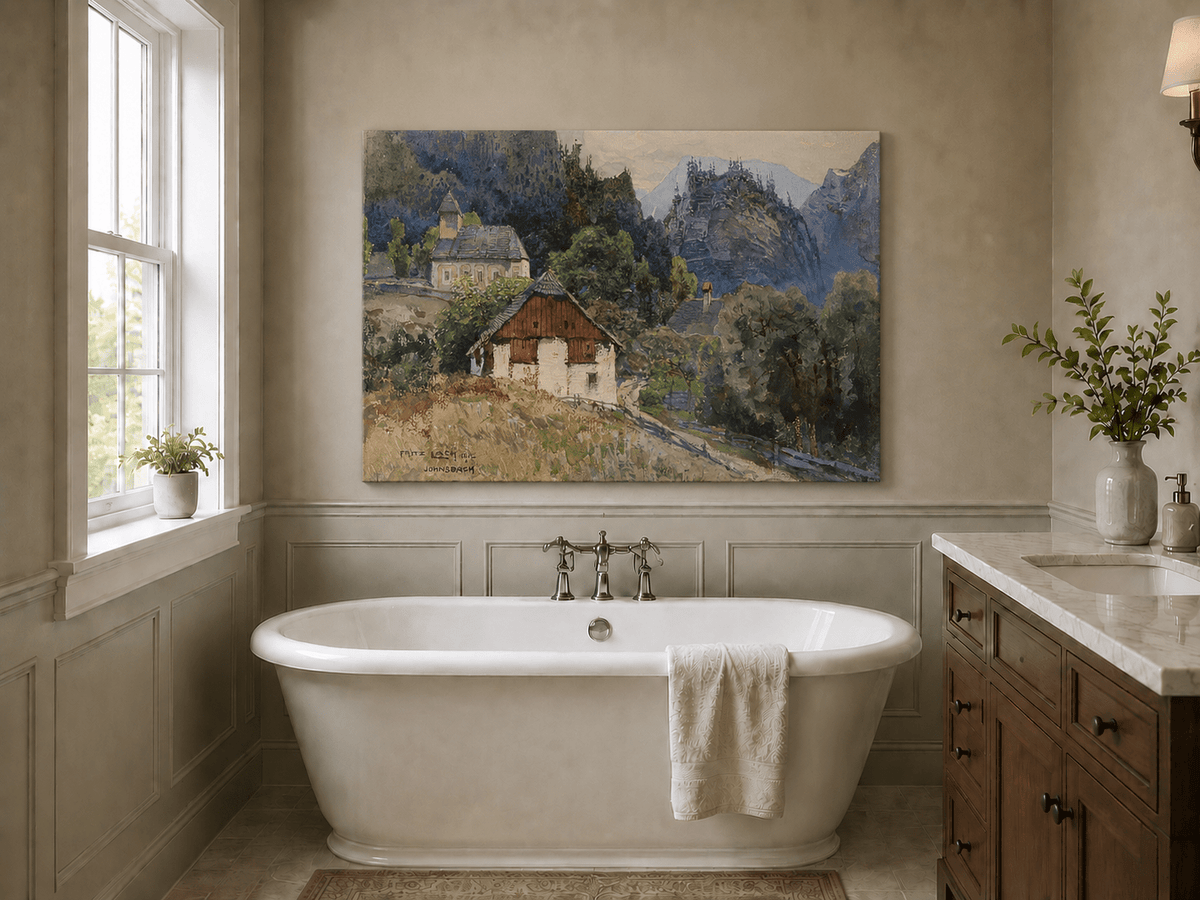 Landscape Oil Painting - Alpine Village Church and Mountain View