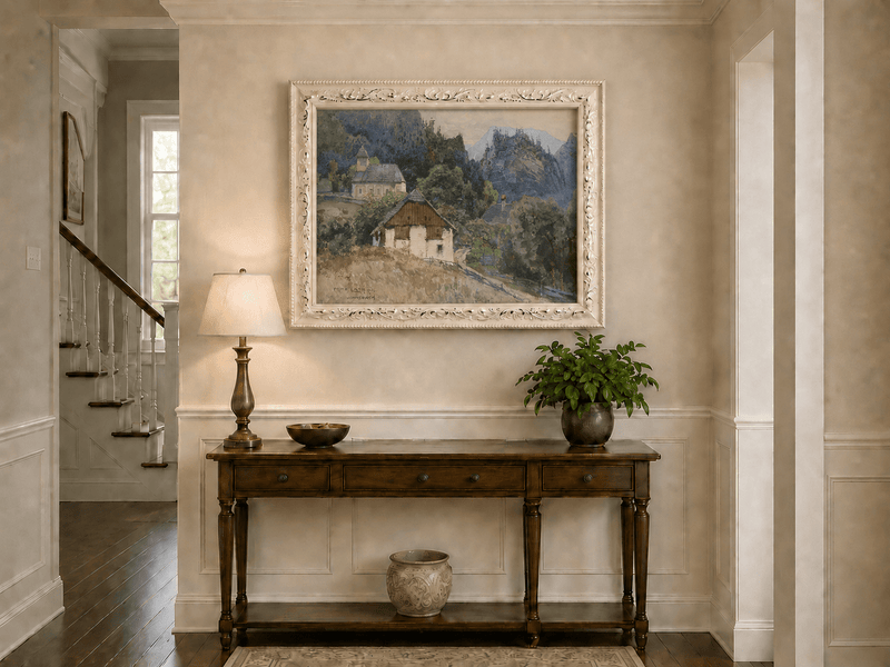 Landscape Oil Painting - Alpine Village Church and Mountain View
