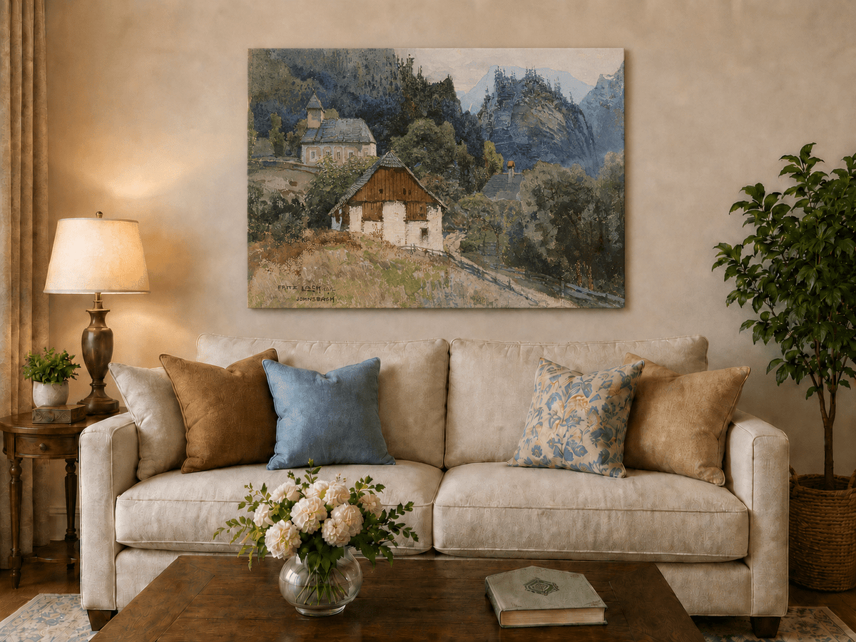Landscape Oil Painting - Alpine Village Church and Mountain View