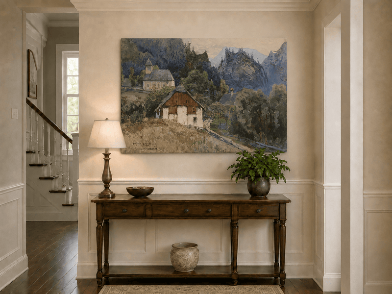 Landscape Oil Painting - Alpine Village Church and Mountain View