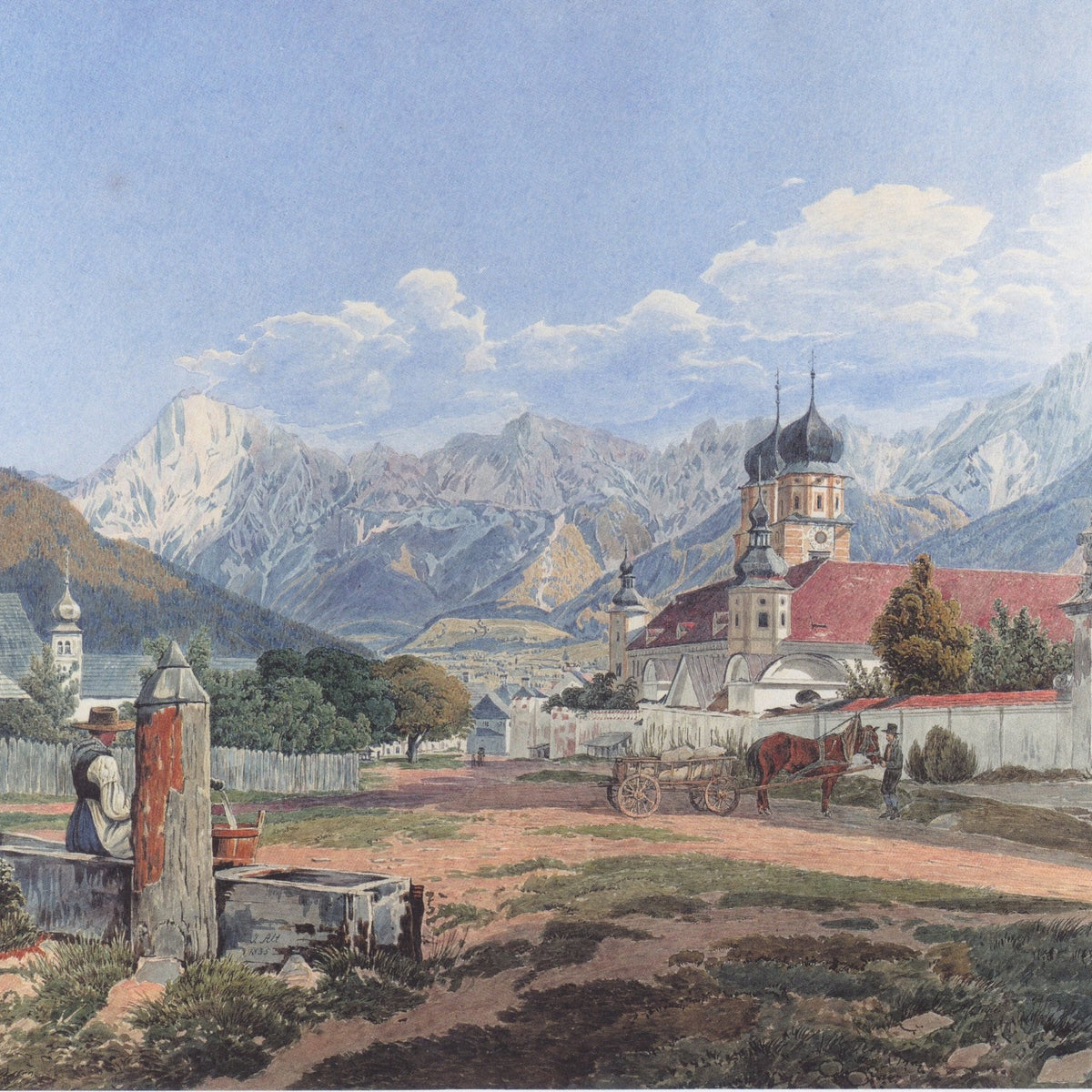 Hand-painted alpine village church and mountain view landscape oil painting on canvas