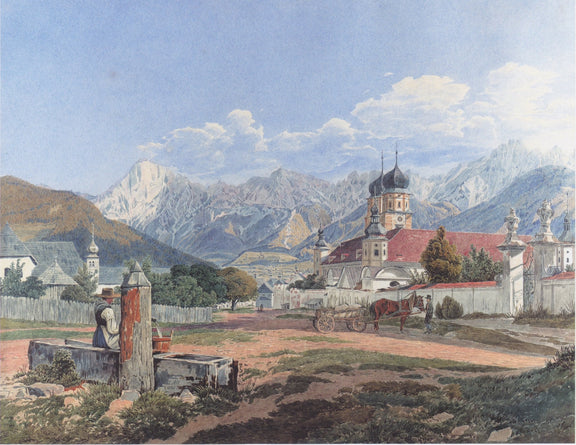 Hand-painted alpine village church and mountain view landscape oil painting on canvas