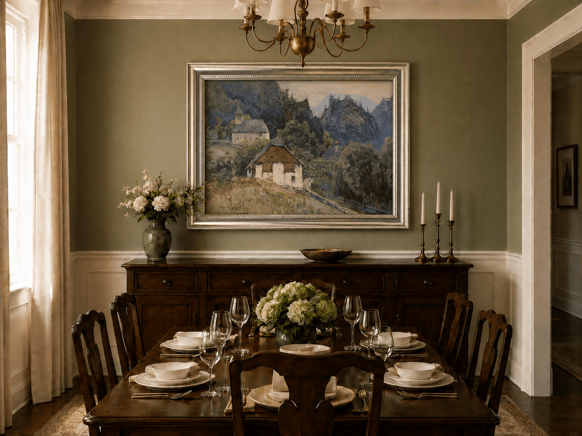 Landscape Oil Painting - Alpine Village Church and Mountain View