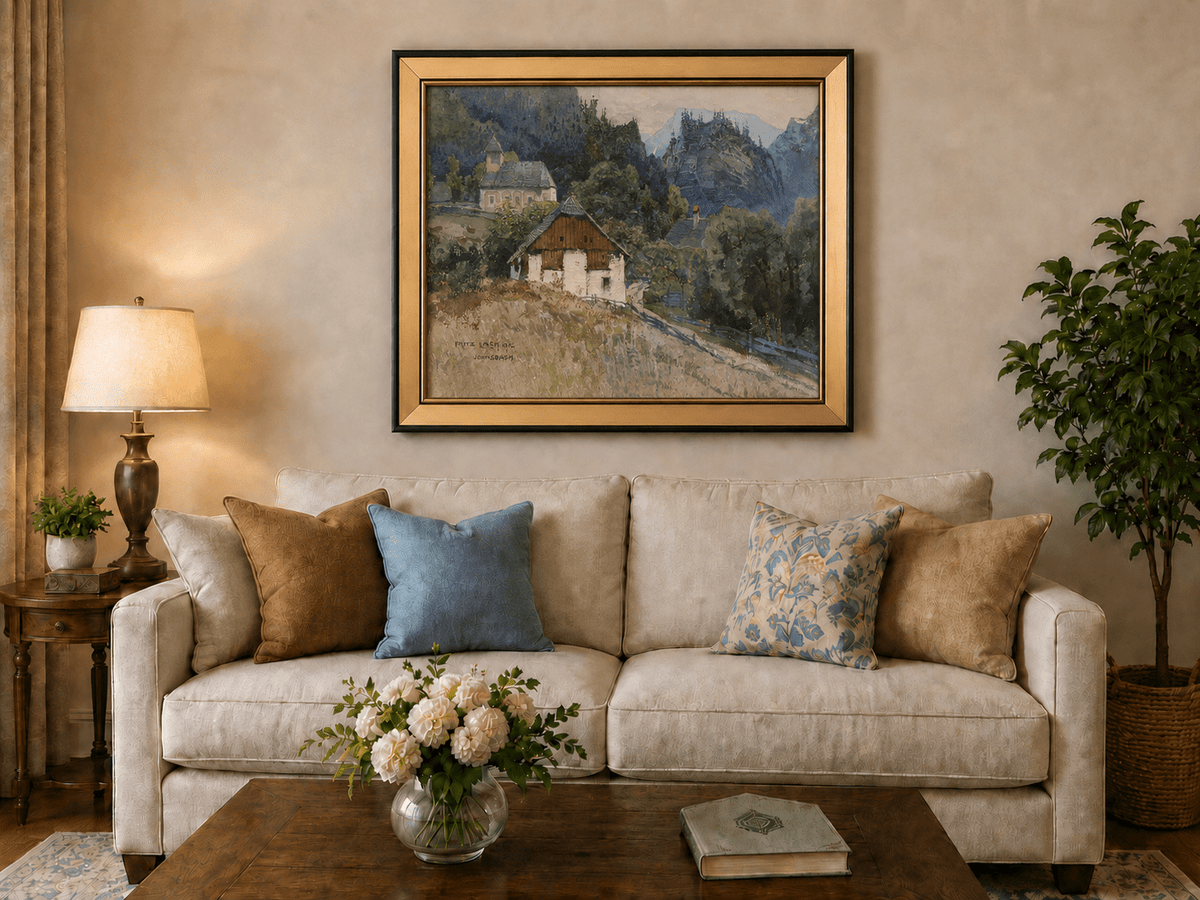 Landscape Oil Painting - Alpine Village Church and Mountain View