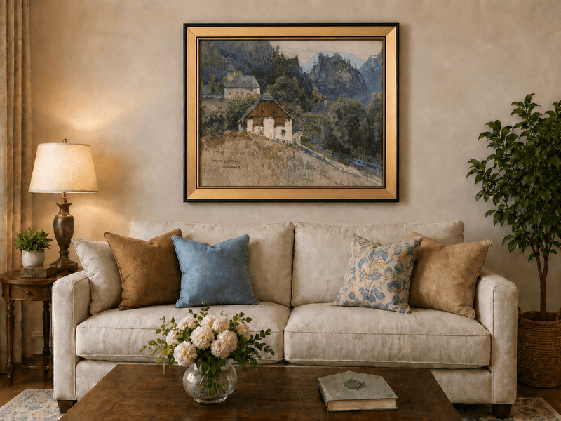 Landscape Oil Painting - Alpine Village Church and Mountain View