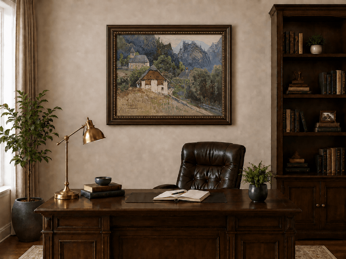 Landscape Oil Painting - Alpine Village Church and Mountain View