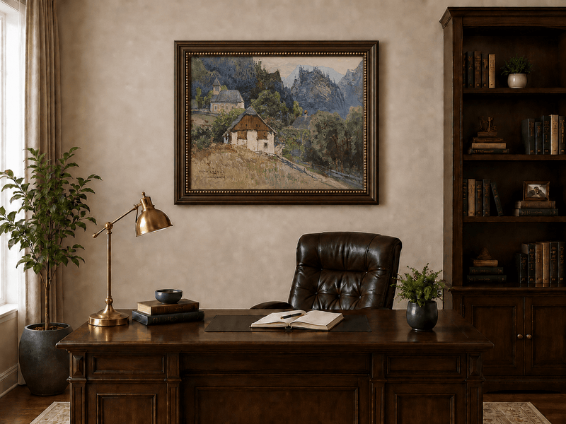 Landscape Oil Painting - Alpine Village Church and Mountain View