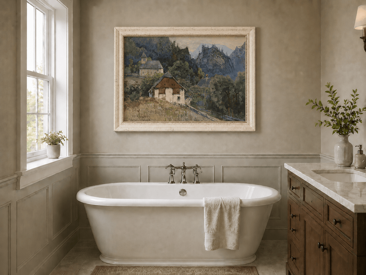 Landscape Oil Painting - Alpine Village Church and Mountain View