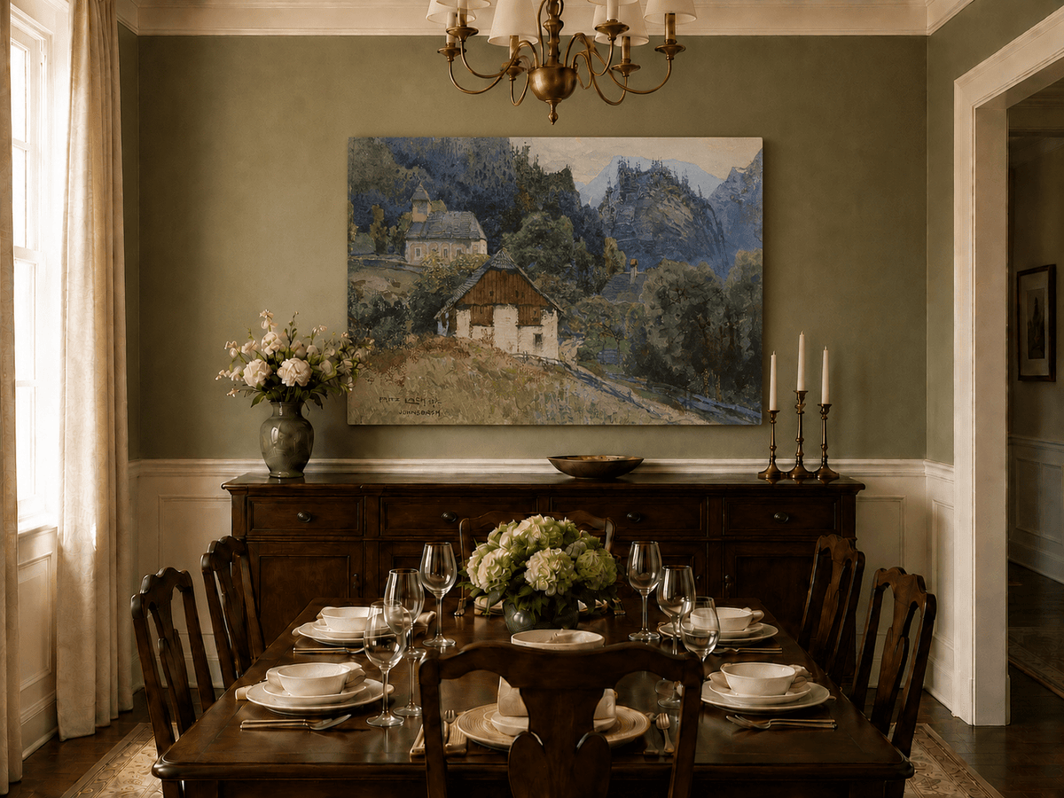 Landscape Oil Painting - Alpine Village Church and Mountain View
