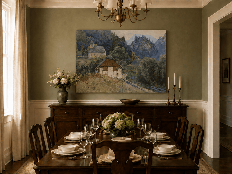 Landscape Oil Painting - Alpine Village Church and Mountain View