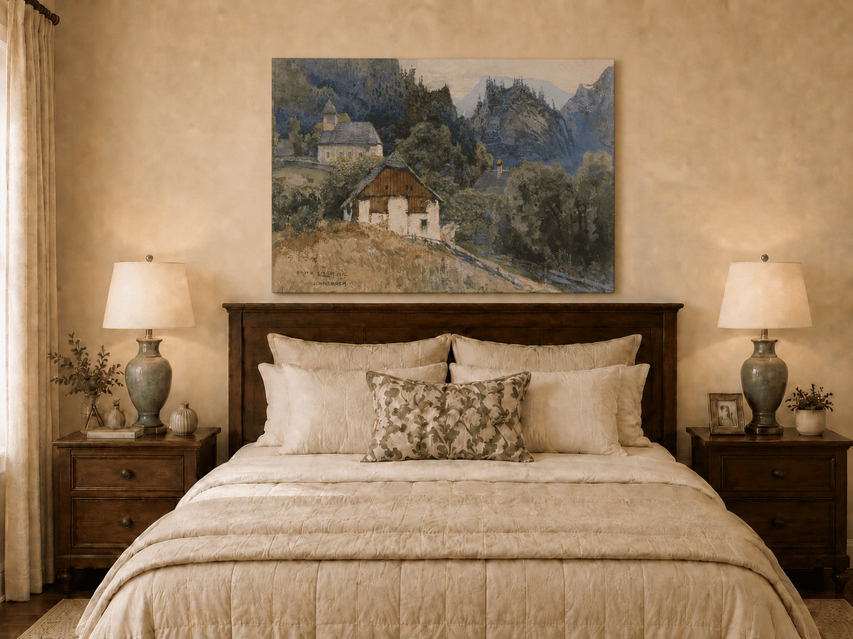 Landscape Oil Painting - Alpine Village Church and Mountain View