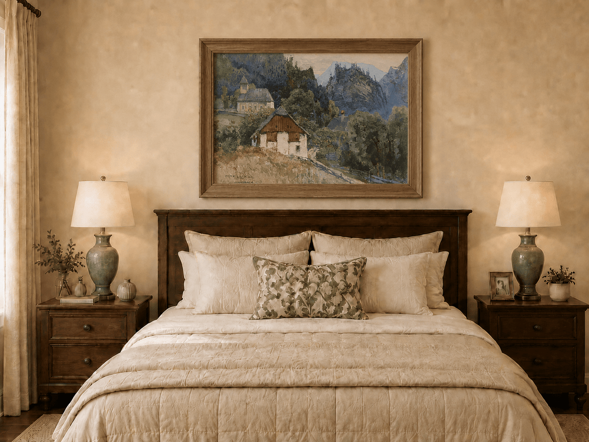 Landscape Oil Painting - Alpine Village Church and Mountain View