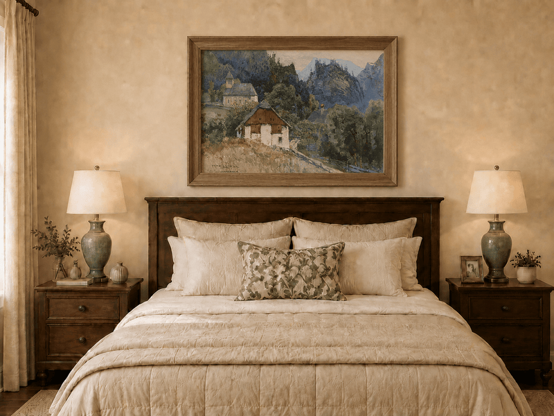 Landscape Oil Painting - Alpine Village Church and Mountain View