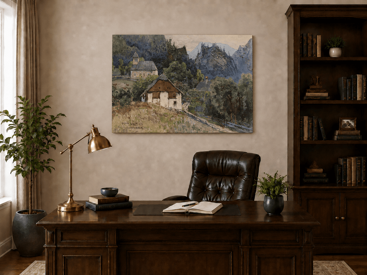 Landscape Oil Painting - Alpine Village Church and Mountain View