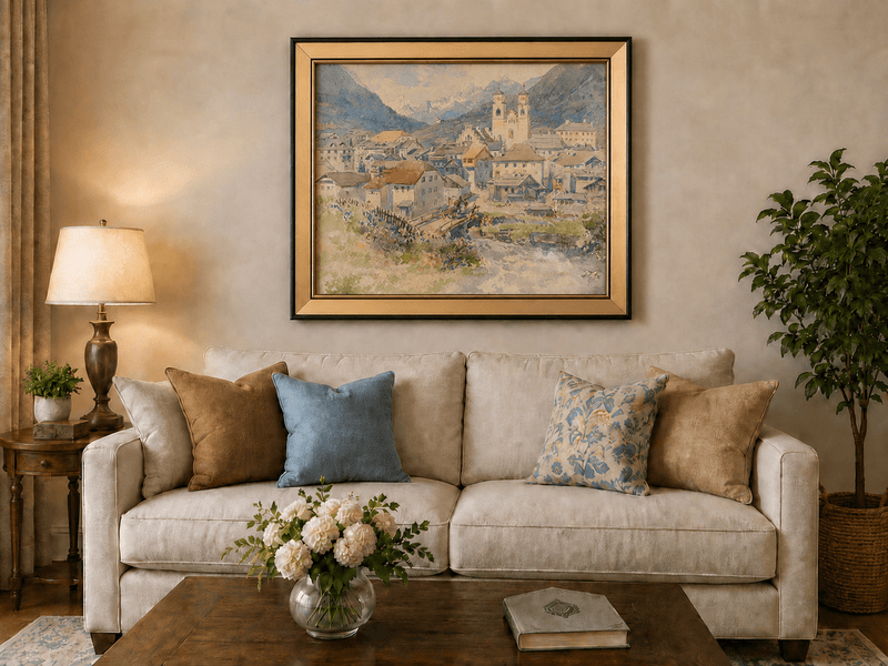 Peinture à l'huile de paysage - Village alpin, église, vue sur la montagne