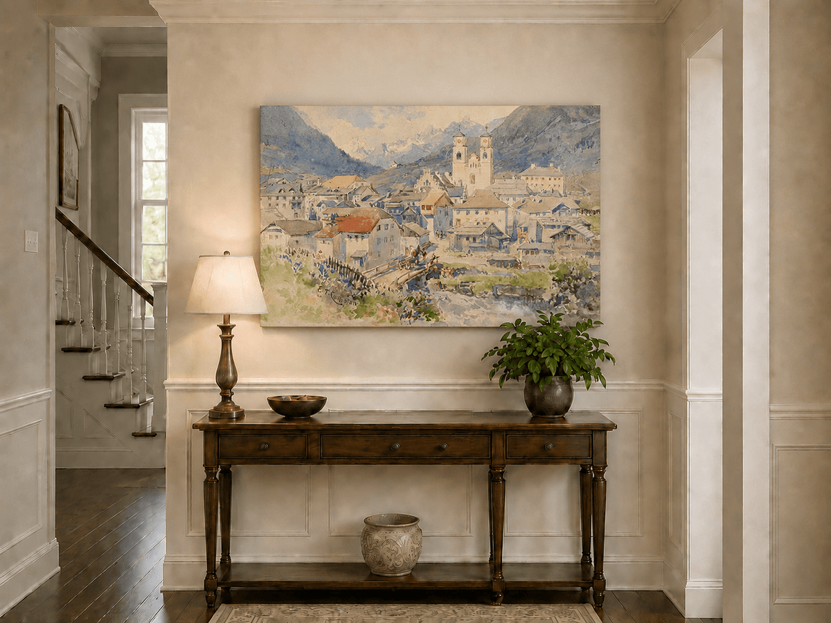 Peinture à l'huile de paysage - Village alpin, église, vue sur la montagne