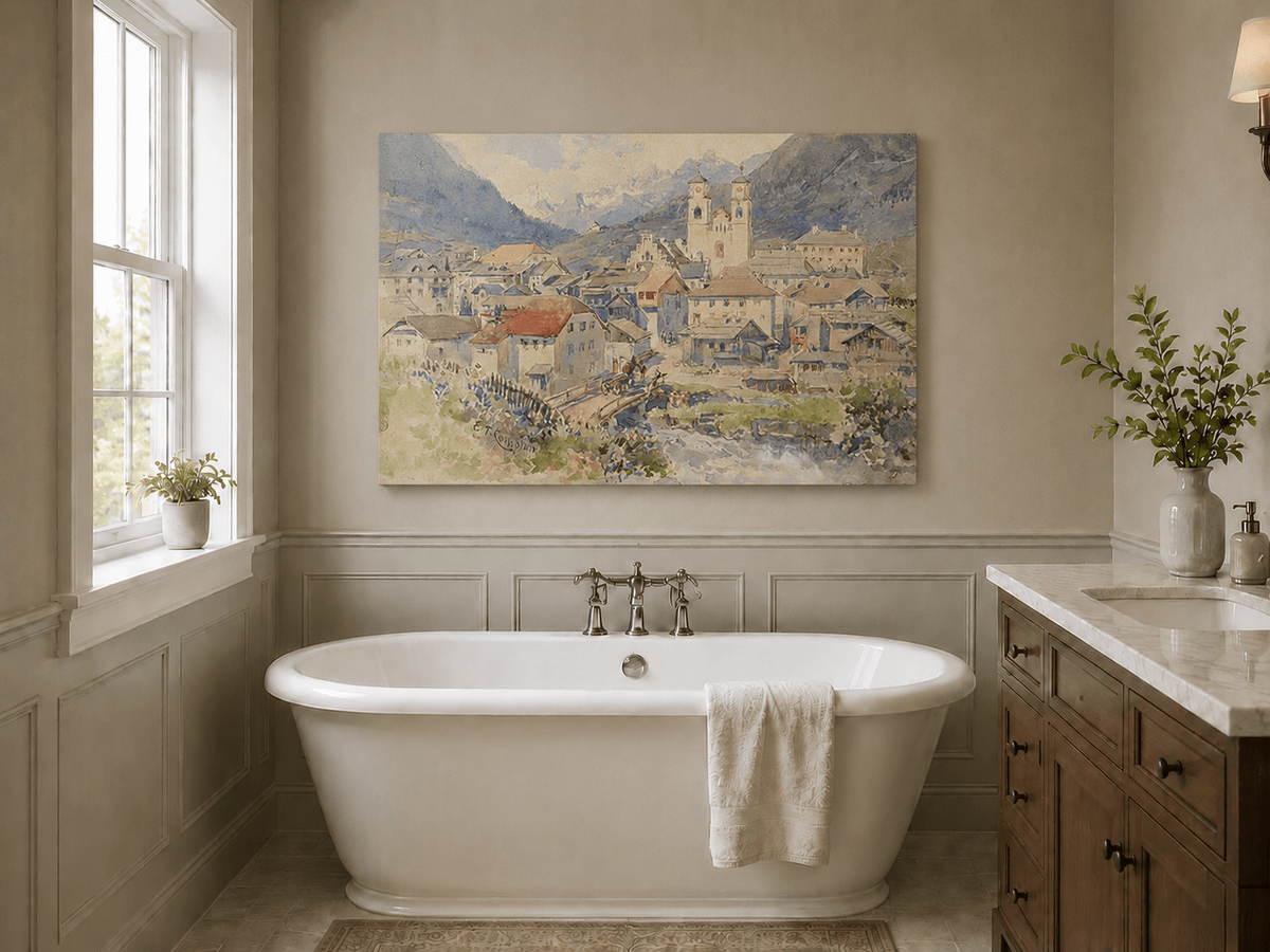Peinture à l'huile de paysage - Village alpin, église, vue sur la montagne