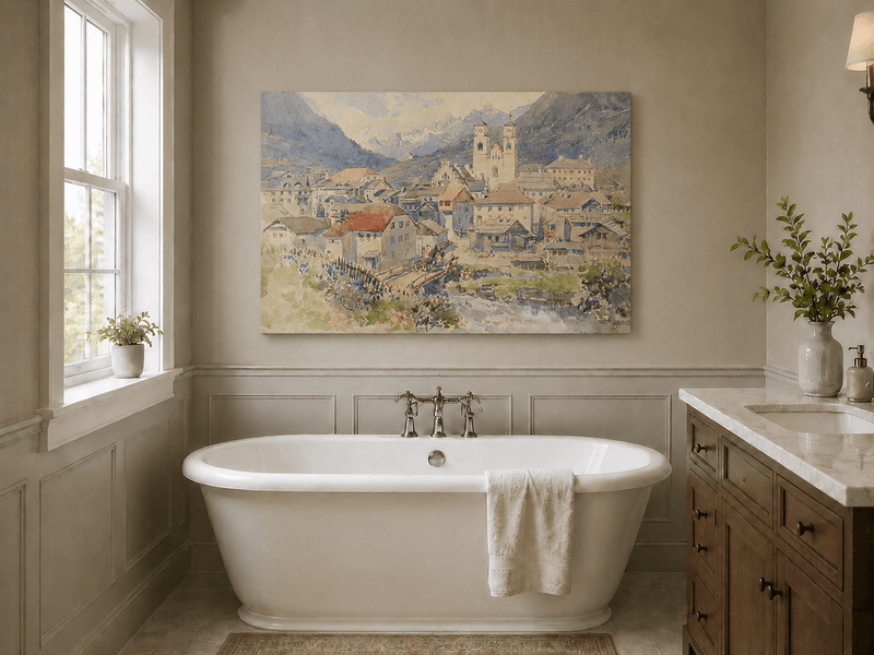 Peinture à l'huile de paysage - Village alpin, église, vue sur la montagne