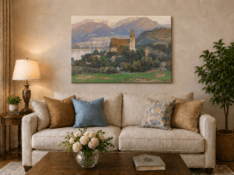 Peinture à l'huile de paysage - Gouffre rocheux spectaculaire avec personnages