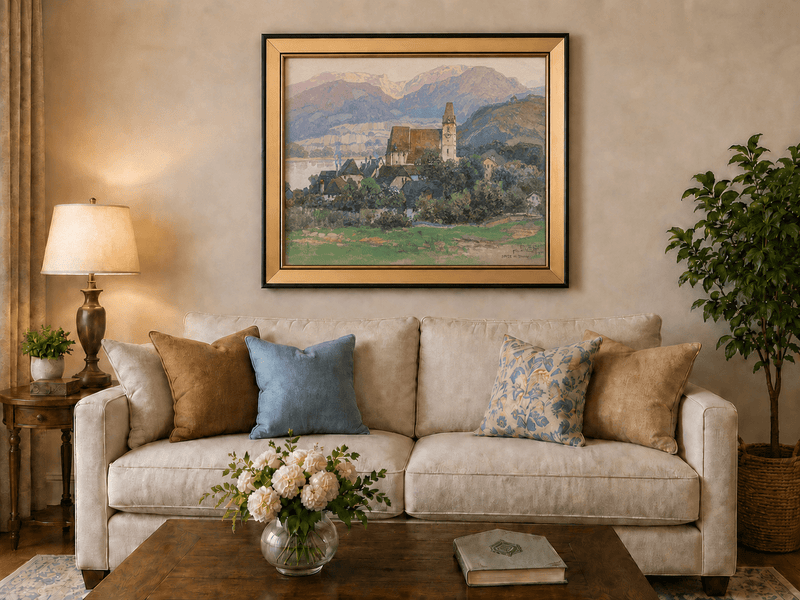 Peinture à l'huile de paysage - Gouffre rocheux spectaculaire avec personnages
