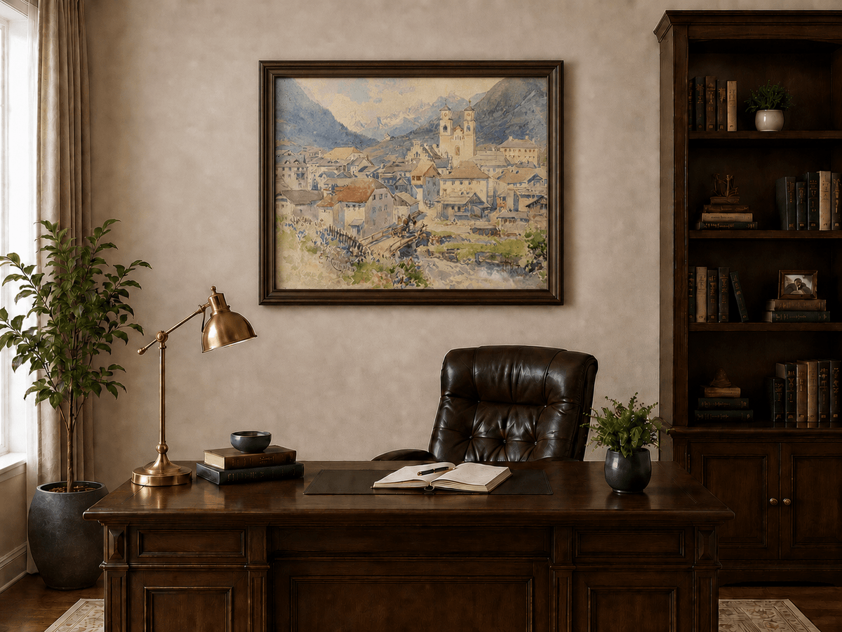 Peinture à l'huile de paysage - Village alpin, église, vue sur la montagne
